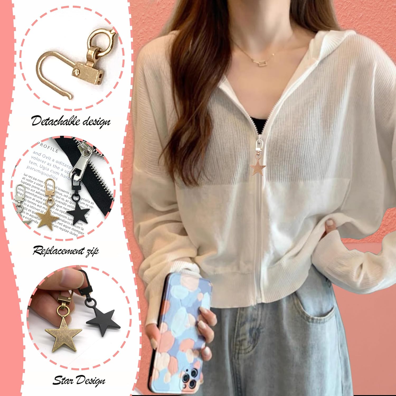 Metal Zipper Puller, Replace Zipper Puller, 8 Pieces, Removable Zipper Head (Star 4 Colors)