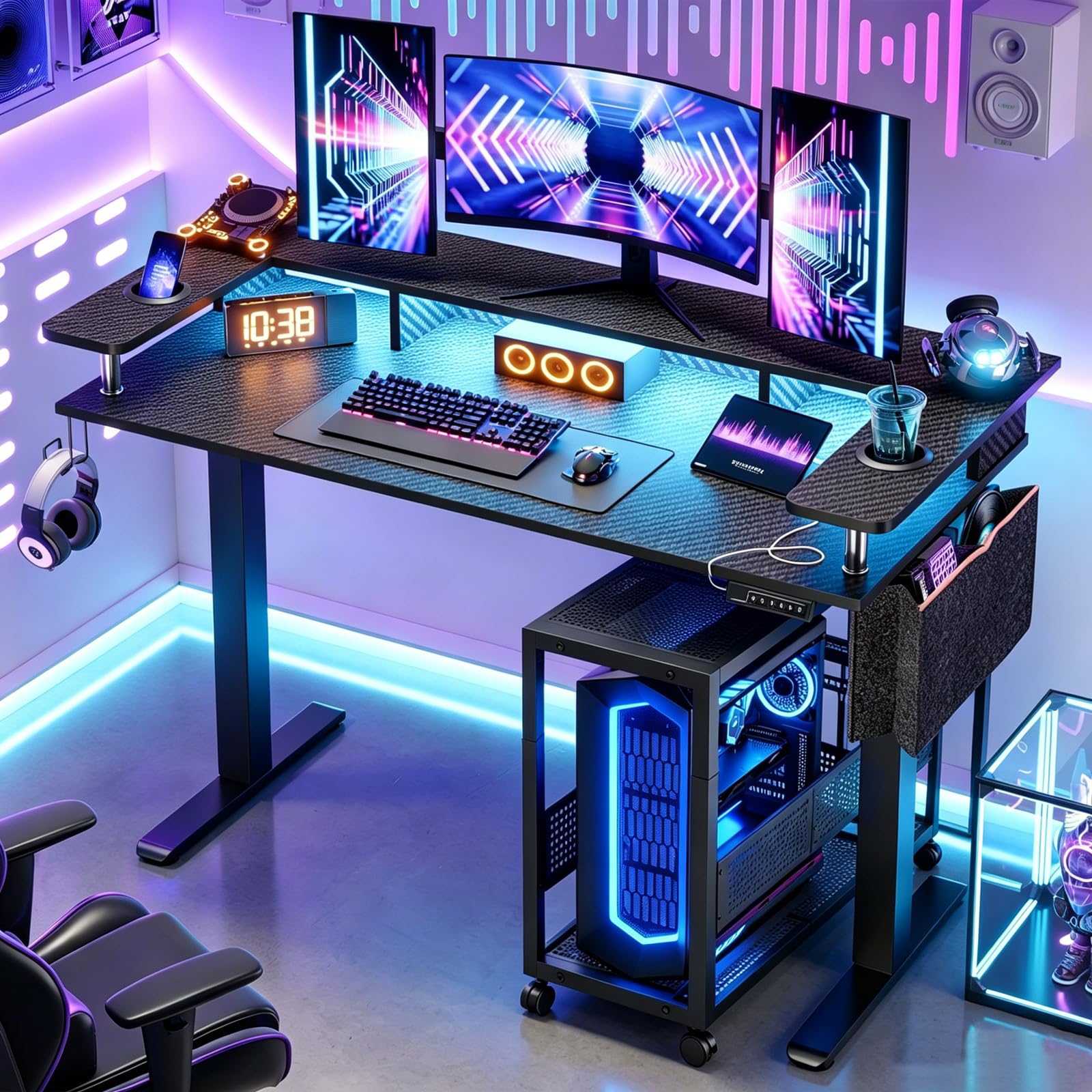 Höhenverstellbarer Computer-Tower-Ständer 2-stöckig – ATX-Gehäuse-Ständer aus Kohlenstoffstahl mit 4 Rollen, für PC-Tower, Bodendrucker & Büroorganisation