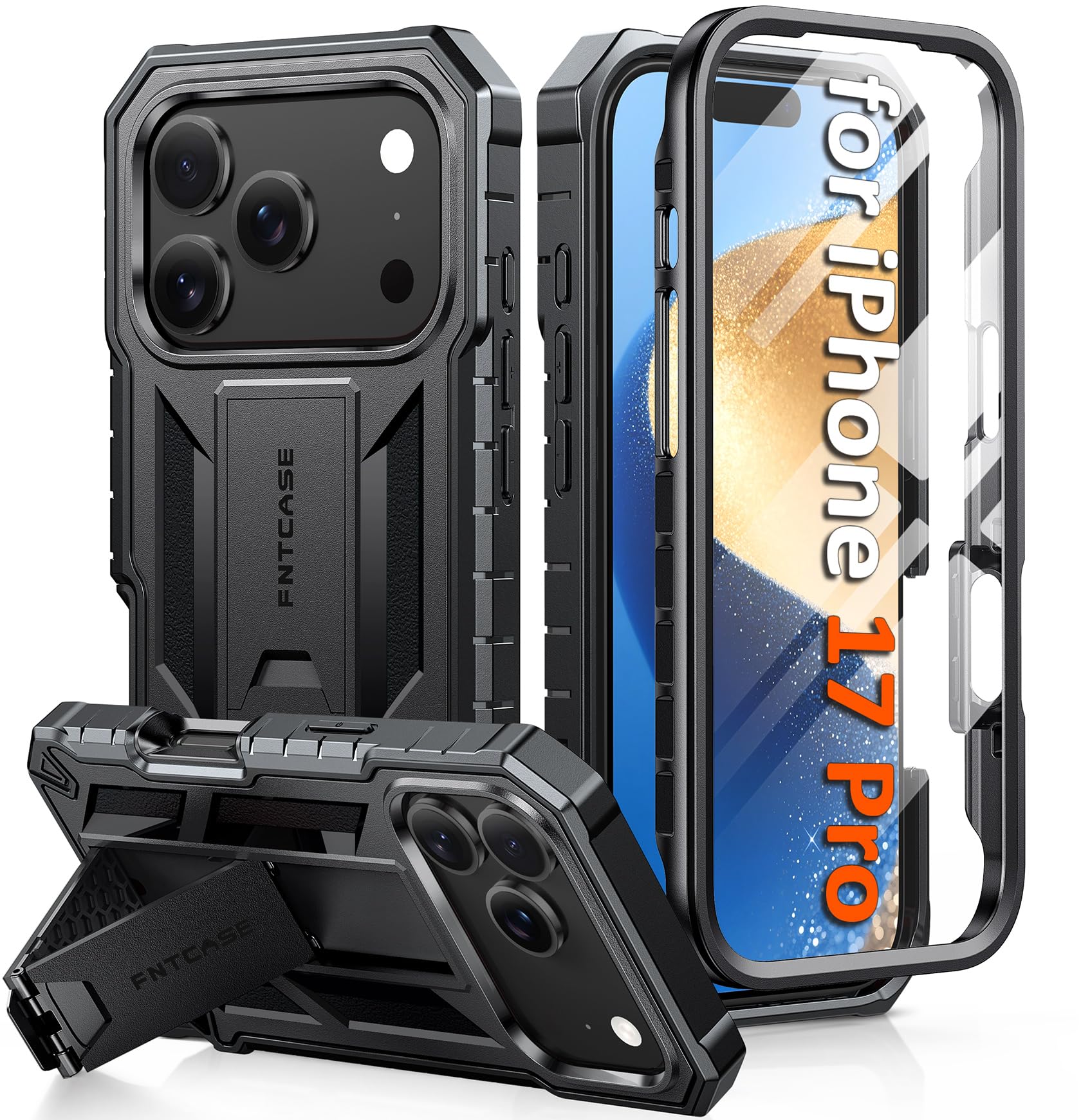 FNTCASE for iPhone 17 Pro Case with Built-in Screen Protector and Kickstand