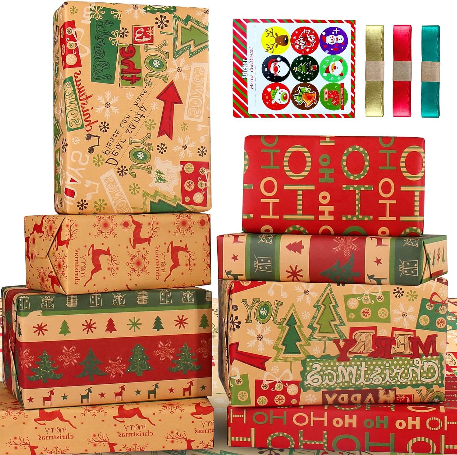 Christmas Wrapping Paper Flat Sheet,Red Green Kraft Brown Christmas Gift Wrap paper