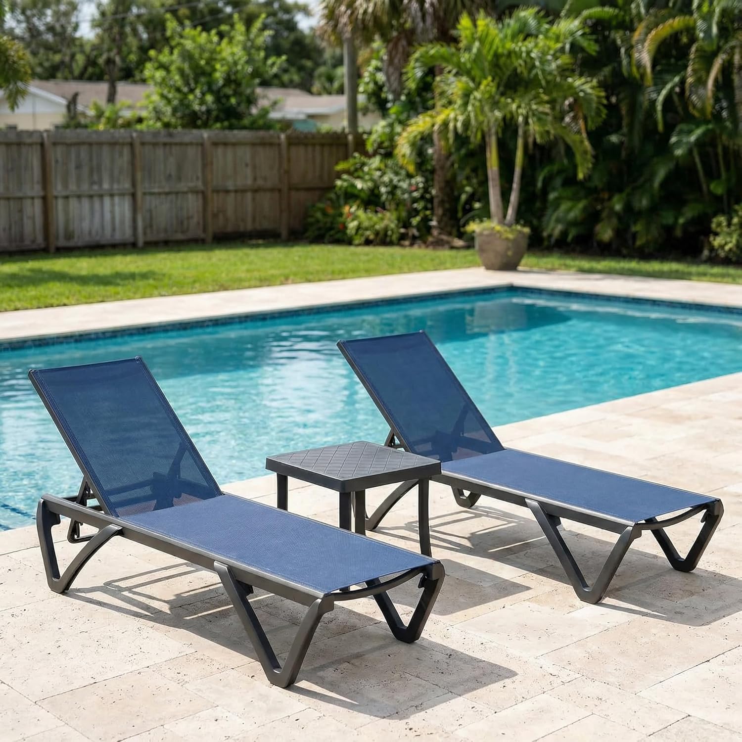Domi Pool Lounge Chair Set of 3, Aluminum Outdoor Chaise Lounge with Side Table,5 Position Adjustable Backrest and Wheels, Outdoor Lounge Chairs for Pool, Garden, Beach, Backyar, Navy Blue