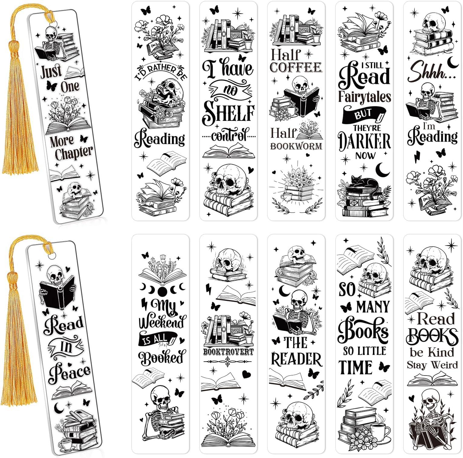 UV DTF Bookmark Wraps - 24 Sheets Skeleton Reading Books UV DTF Stickers for Acrylic Bookmark Blanks, Black Skull Romantic Rub on Transfer Decals for Book Lover DIY Crafts Gift
