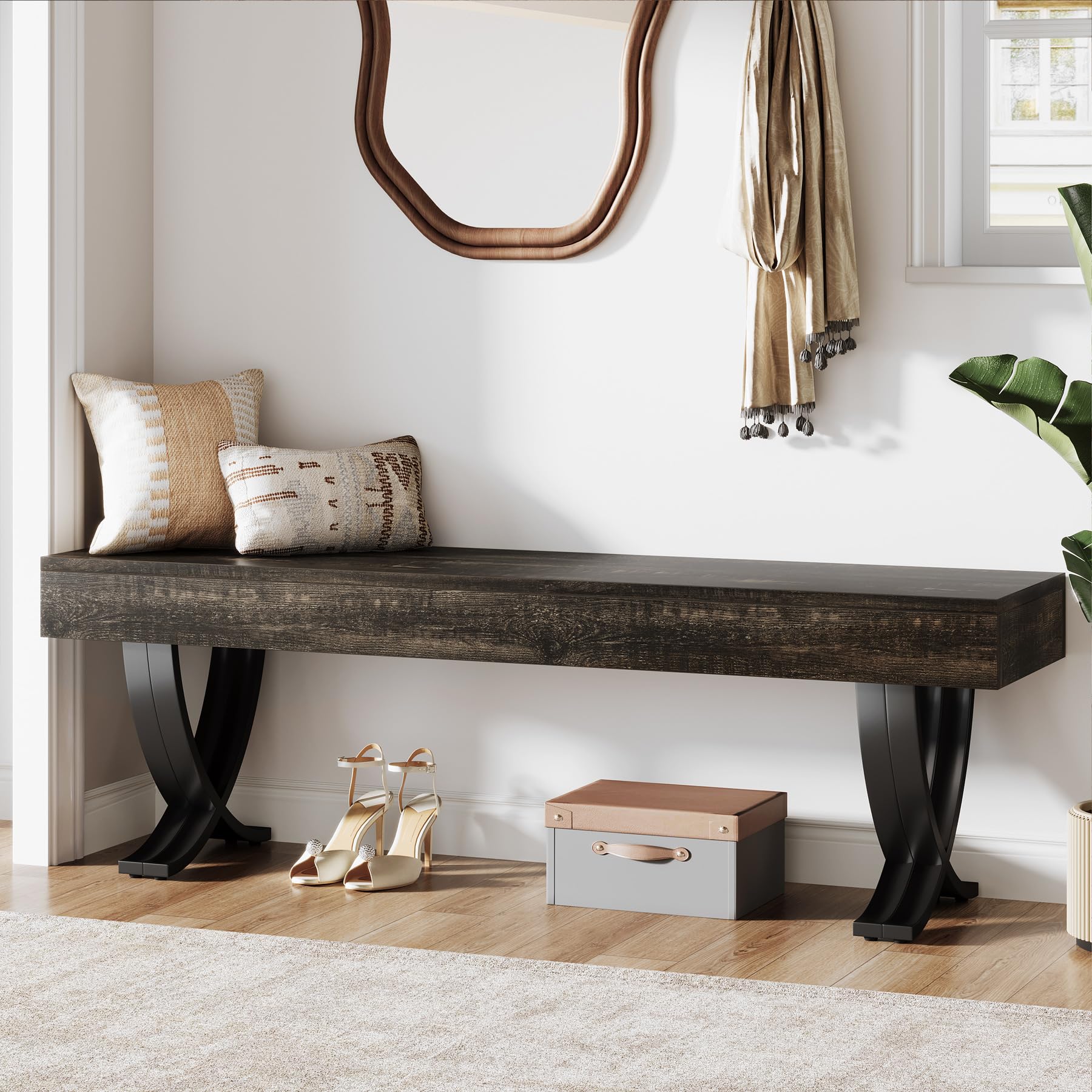 Tribesigns Entryway Shoe Bench, 55-Inch Wooden Shoe Bench with Metal X-Shaped Legs, Industrial Long End of Bed Stool with Seating for Living Room, Bedroom, Hallway, Porch (Oak &amp; Black)