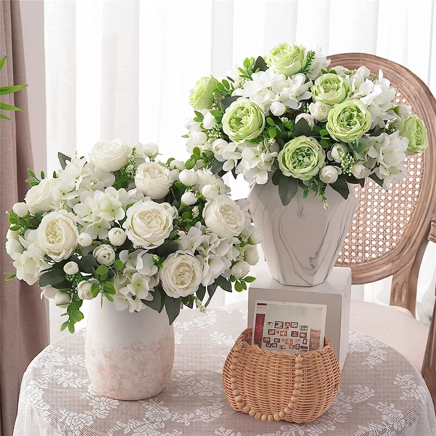 Con fiori, bouquet da sposa, bouquet da sposa, con fiori, 4 mazzi di peonie bianche ortensie per la decorazione Rose finte composizioni di bouquet finti centrotavola da tavolo in plastica fiori di set