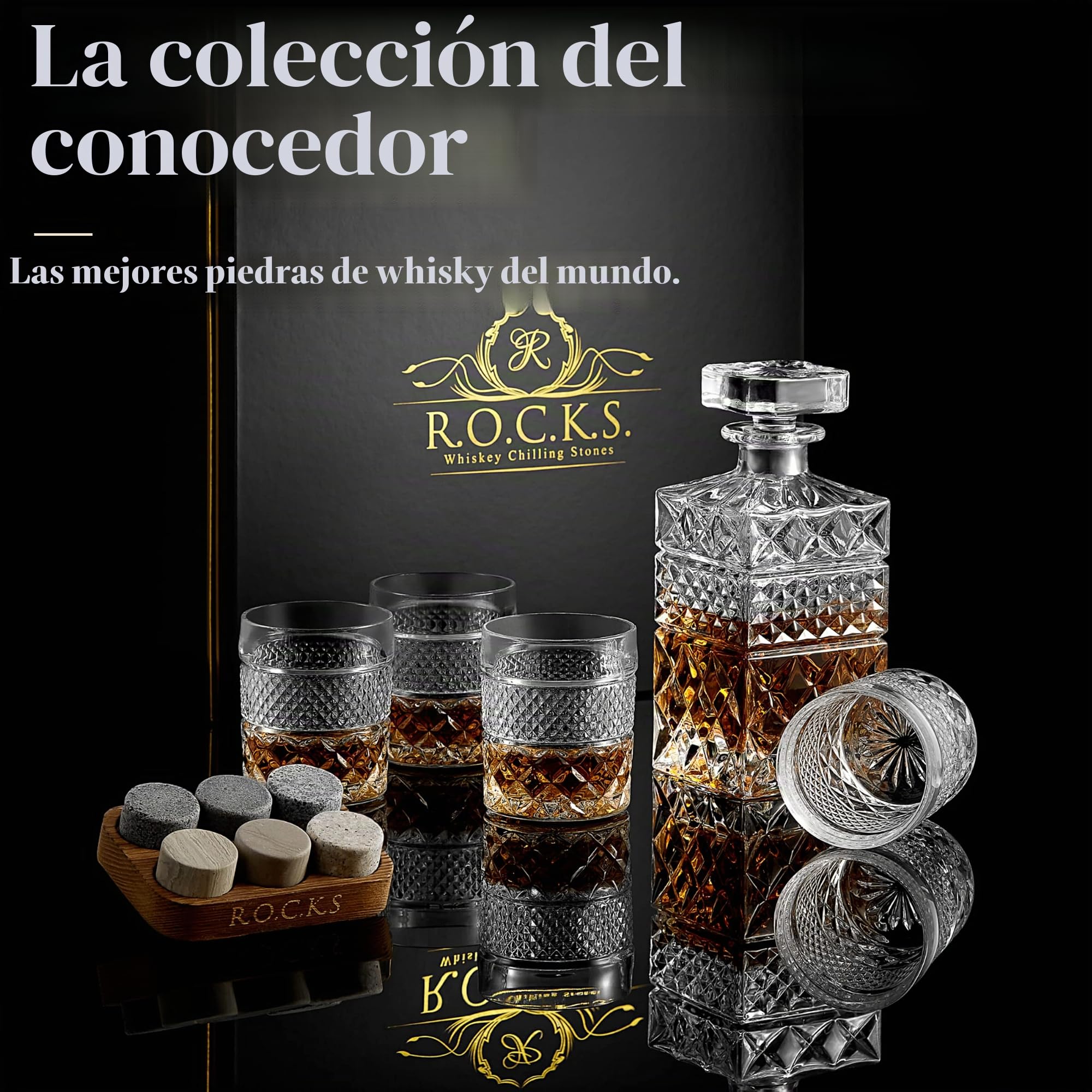 Rocks Set Decantador Whisky con 4 Vasos Whisky Cristal y 6 Piedras para Whisky de Granito – Botella de Cristal para Licor, Whisky, Bourbon con Vasos Whisky Degustación – Caja Regalo con Lámina de Oro