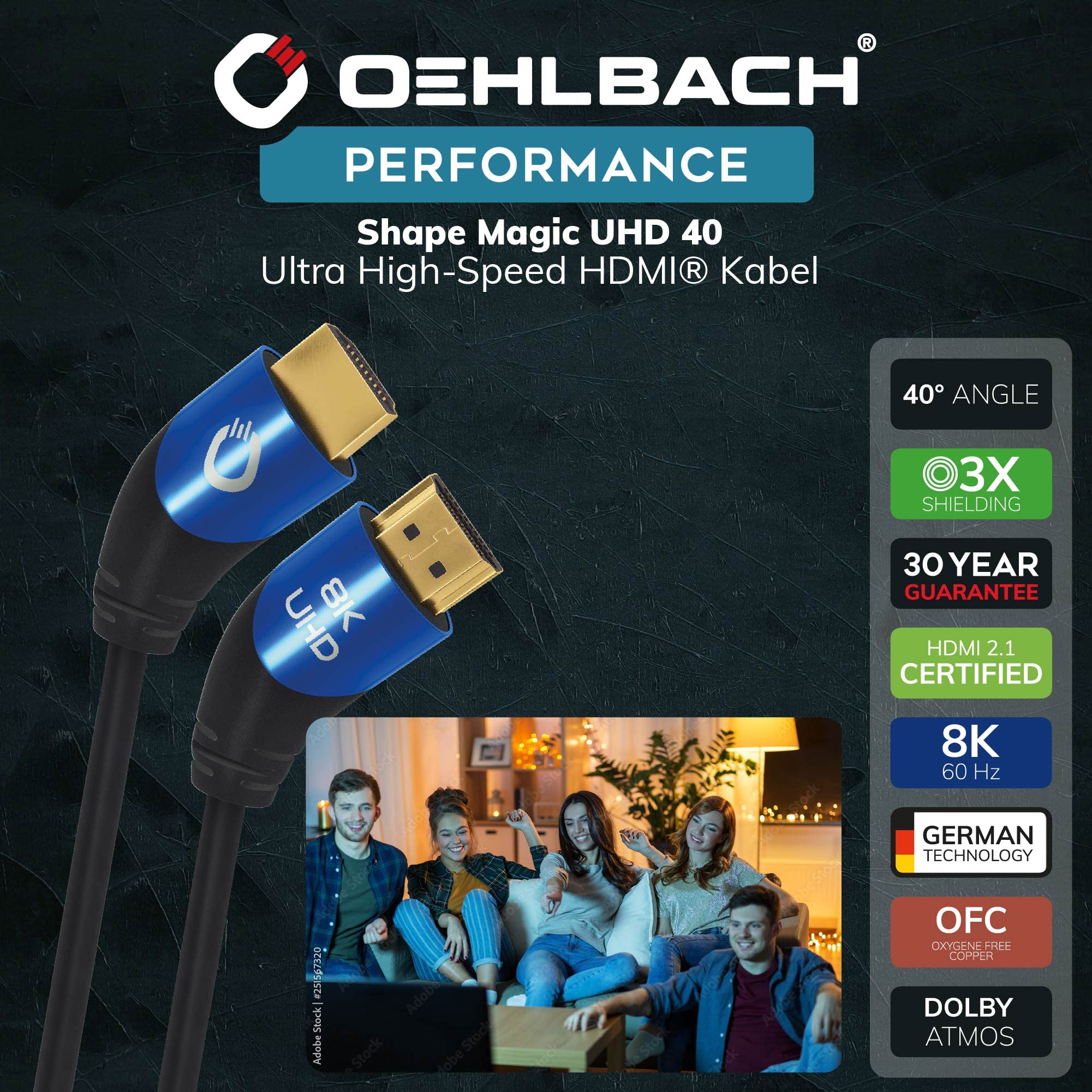 Oehlbach Shape Magic 40-8K Câble HDMI 2.1 ultra haute vitesse – Certifié 48 Gbps (fiche coudée à 40 °, triple blindage OFC en cuivre monté), noir, 3 m