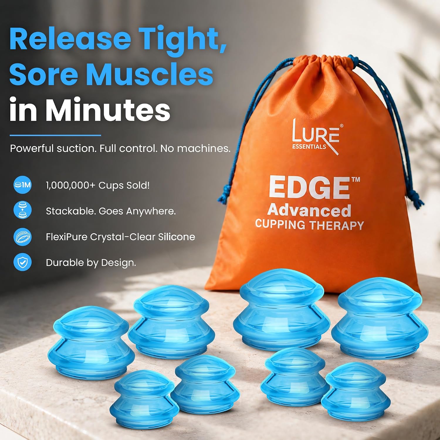Lure Essentials Edge Silicone Cupping Set, Cupping Kit for Massage Therapy, Long Lasting Cups for Professional & Home Use, Body Sculpt Cup for Cellulite, Ultra Transparent Blue (8 Count)