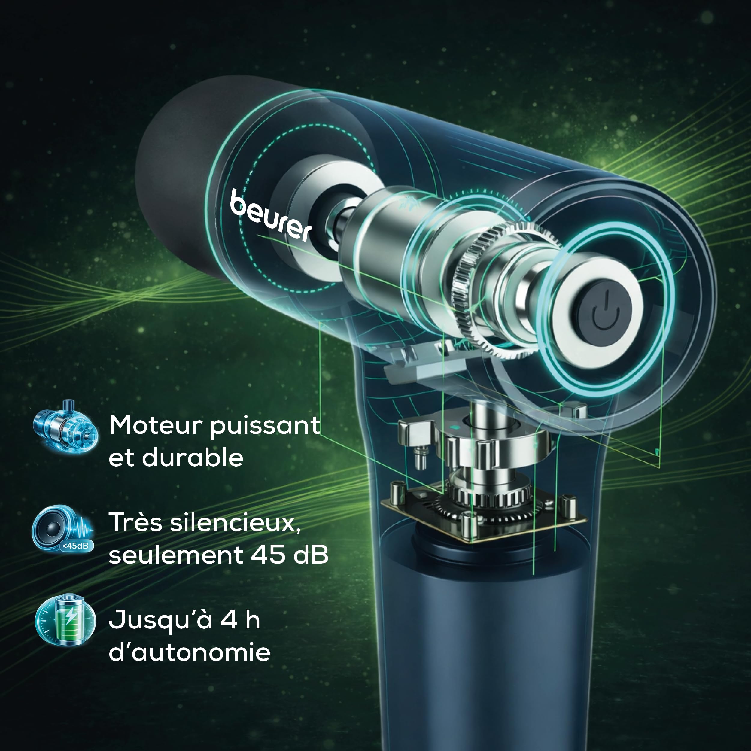 Beurer PowerReload Pistolet de massage, massage des points de déclenchement pour régénération, appareil de massage musculaire puissant avec 5 embouts, 5 niveaux d’intensité, extrêmement silencieux