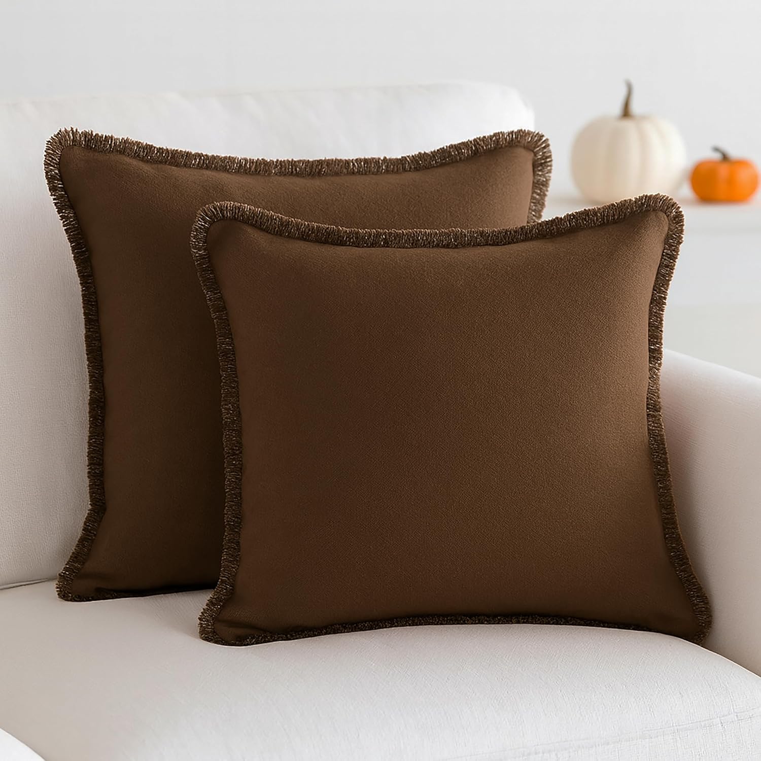 PurpleEssences 2 Pack Boho Cotton Fringe Throw Pillow Covers, Decorative Cushion Covers with Tassels for Couch, Sofa, Bed, Farmhouse Home Décor Spring Easter Summer - 20x20 Inch - Nut Brown