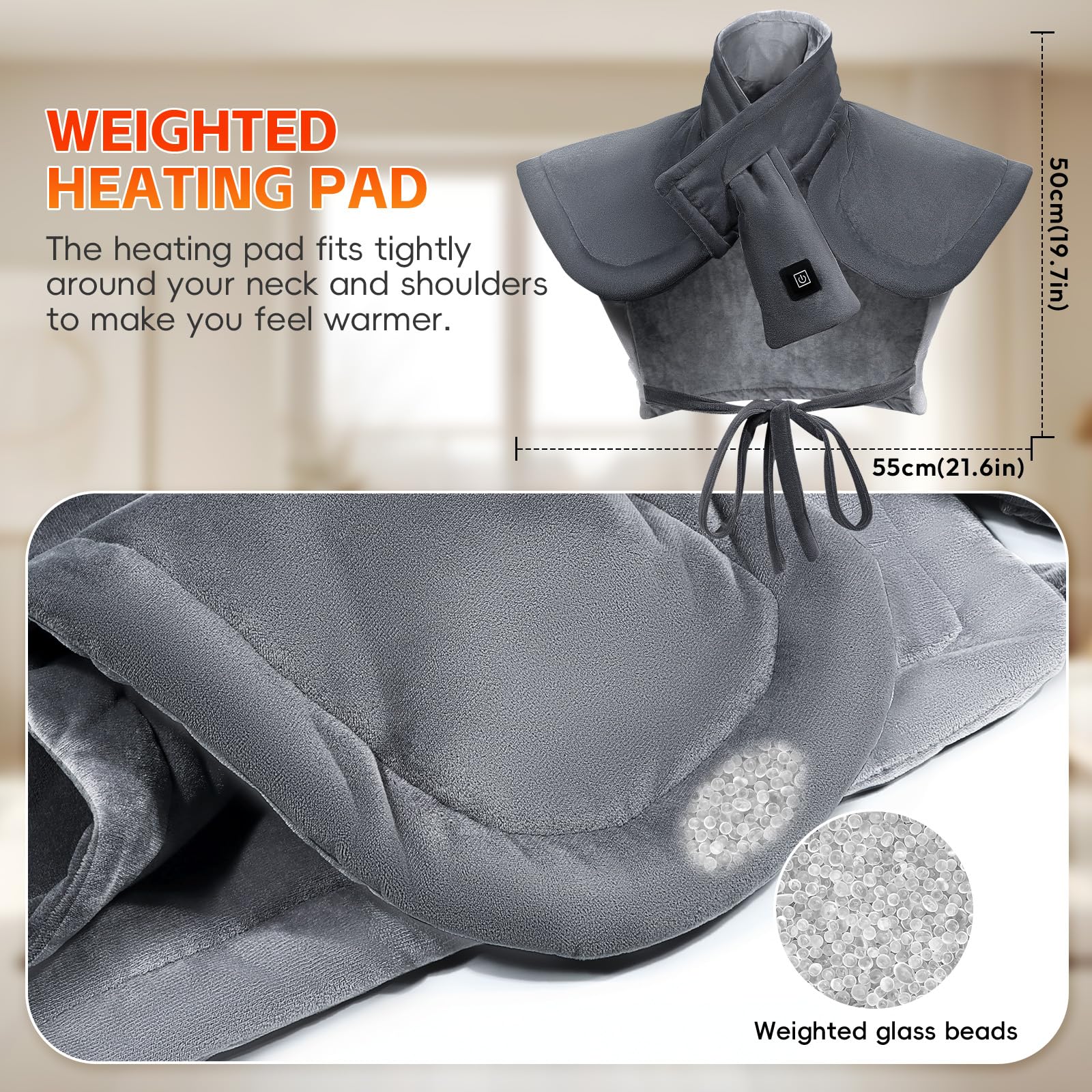 Graphène Coussin Chauffant pour Cou et Dos avec Batterie 10000mAh, Coussin Chauffant Électrique Avec 3 Niveaux Réglage Température, Fonction D'arrêt Automatique