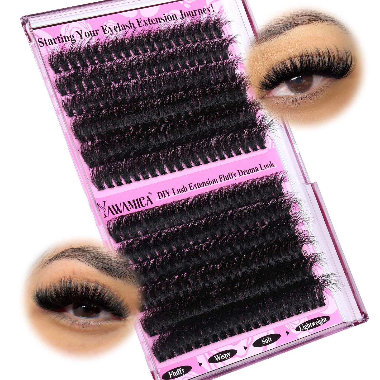 Yawamica Wispy Individual Lashes Clusters Fluffier Eyelash Extension 150D+200D Thick Volume Eyelash Clusters 14-20mm D Curly Clusters Lashes 240pcs DIY Lash Extension for Beginners