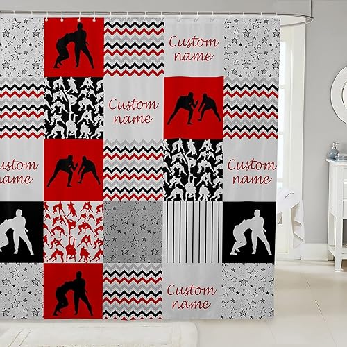 Erosebridal Cortina de ducha personalizada de lucha libre, juego de cortina de ducha a cuadros cuadriculados para niños y hombres, cortina de baño