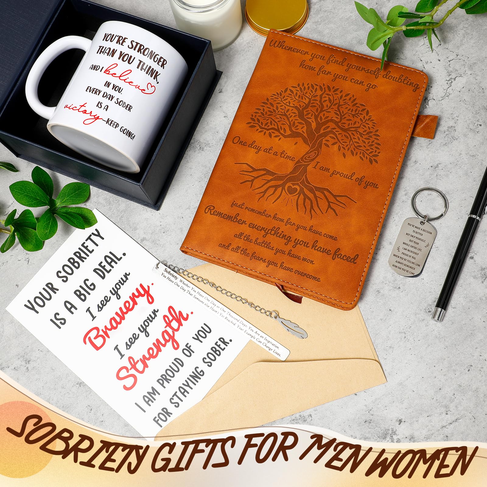 Marspark 7 Pcs Sobriety Gifts for Men Women Addiction Recovery Sober Anniversary Present Set Gifts Include Notebook Pen Candle Mug Keychain Greeting Card Bookmark