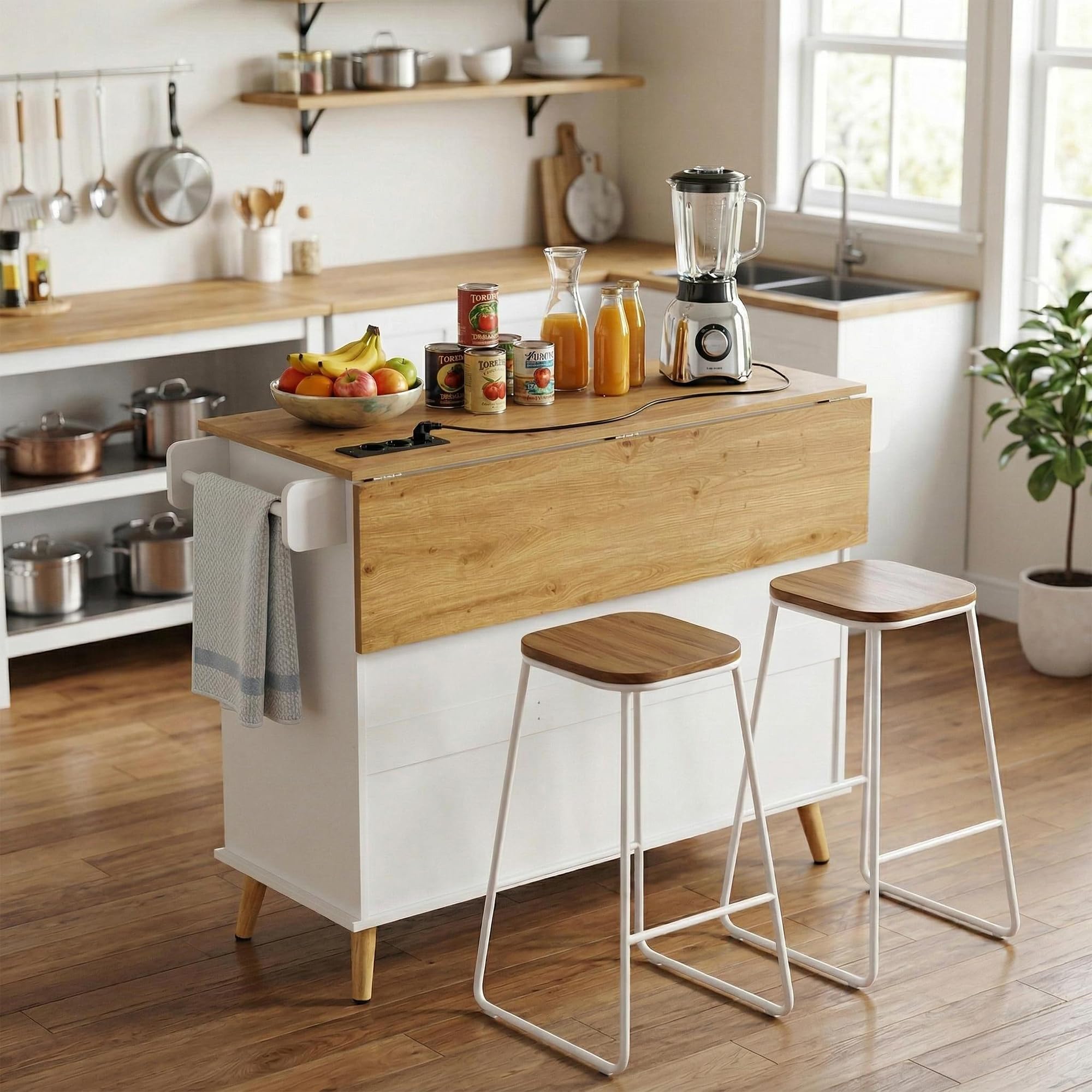 Îlot Central, Desserte Îlot de Cuisine sur roulettes, avec 2 Prises et 2 Ports USB, 119,5 x 44–74 x 94 cm, pour Cuisine et Salle à Manger, Blanc