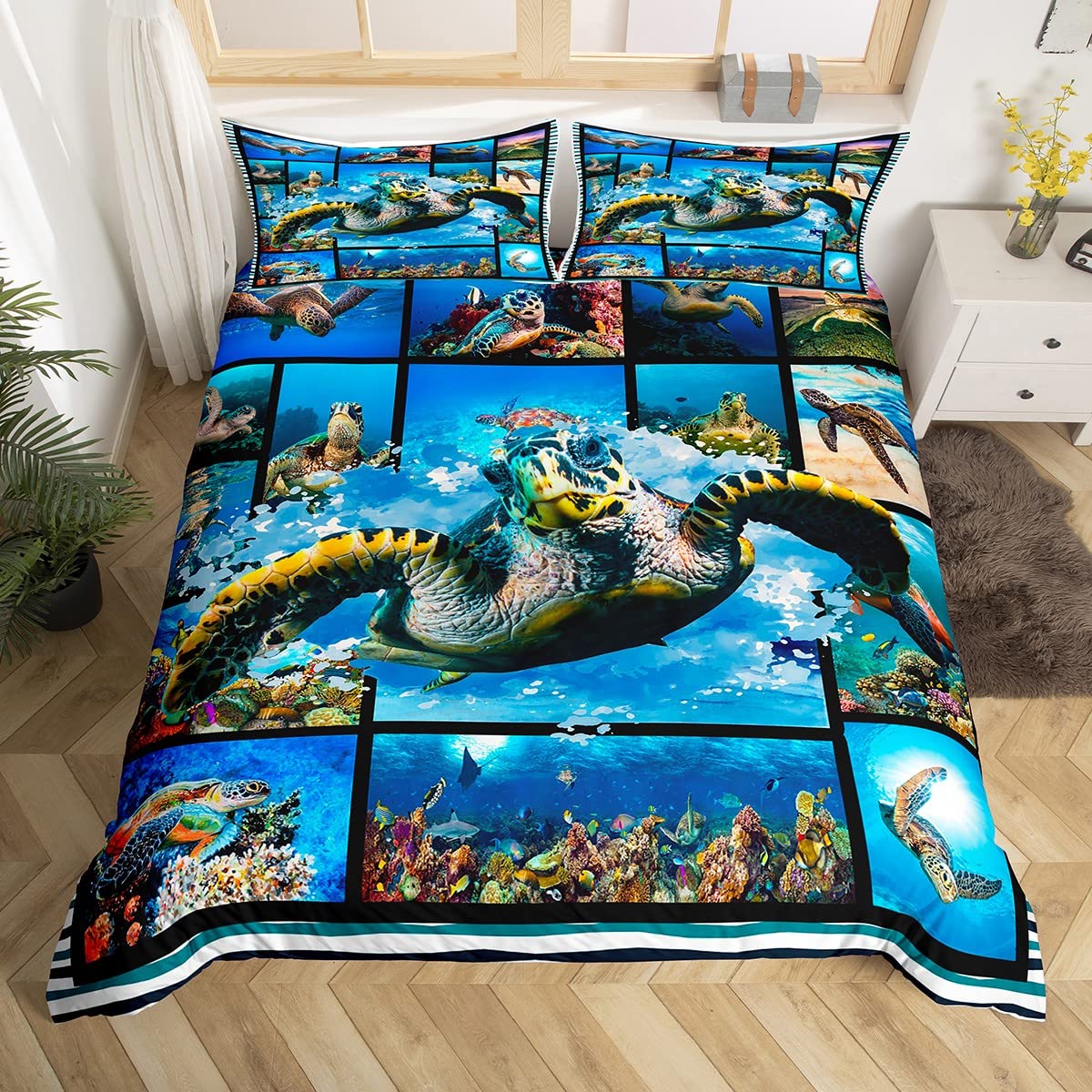 Set di biancheria da letto con copripiumino a tema tartaruga marina per bambini, set da 3