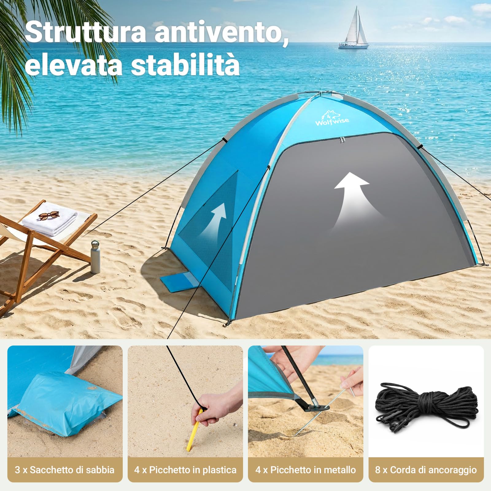 Wolfwise Tenda da Spiaggia UPF 50+ Famiglia Riparo Solare Anti-UV 3 Finestre Ventilate Pavimento Estensibile Borsa Trasporto 4 Persone Blu