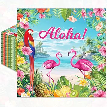 Pack of 50, Tropical Aloha Paper Napkins, Colorful Flamingo Parrot Design, Hawaiian Themed Disposable Cocktail Napkin for Luau, Beach, and Summer-Themed Birthday Party Supplies, 13x13 Inches Unfolded