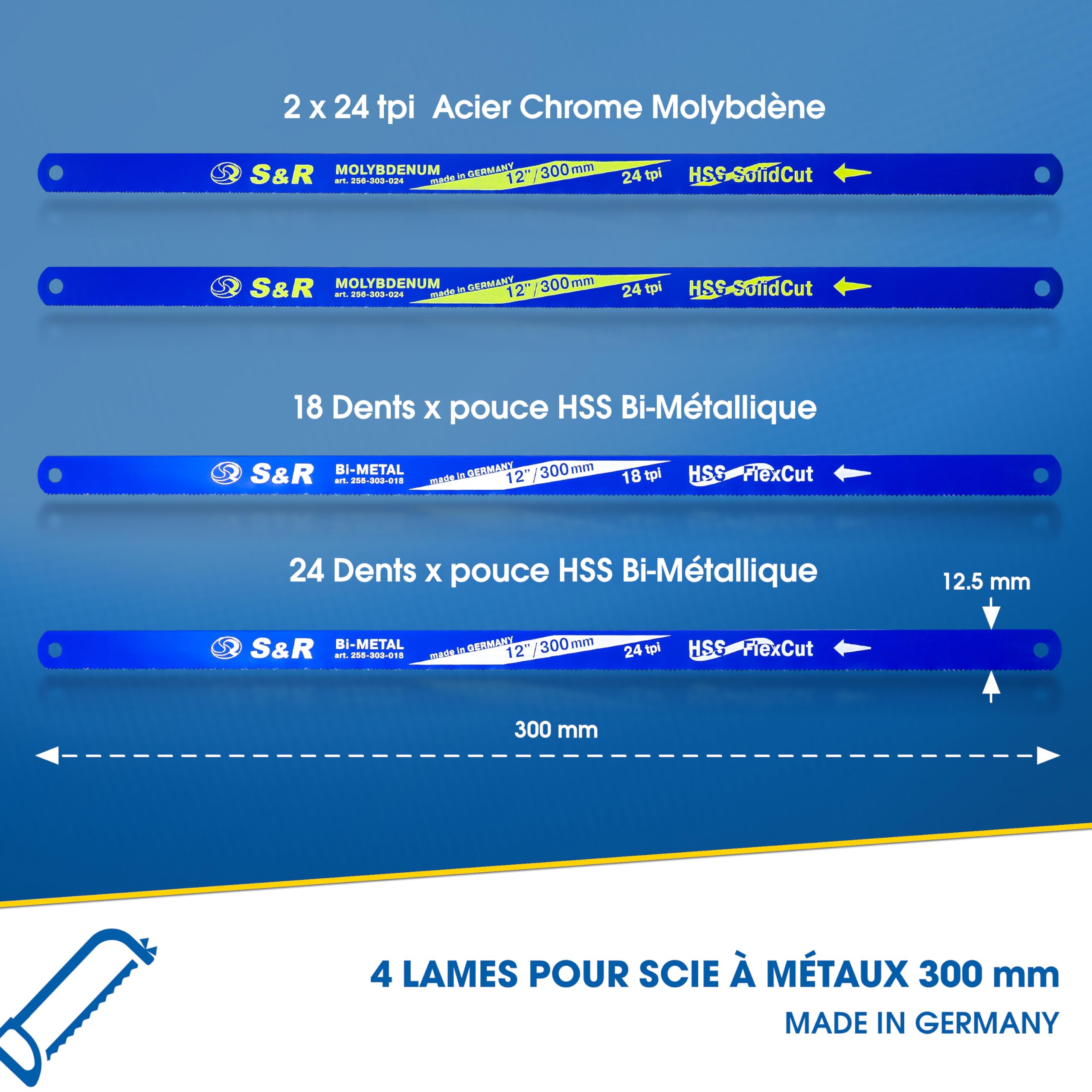 S&R Scie a Métaux et Bois avec 4 Lames Made in Germany. Scie à main Archet pour Bois et Metal. lames bi-métal molybdène 18/24 TPI
