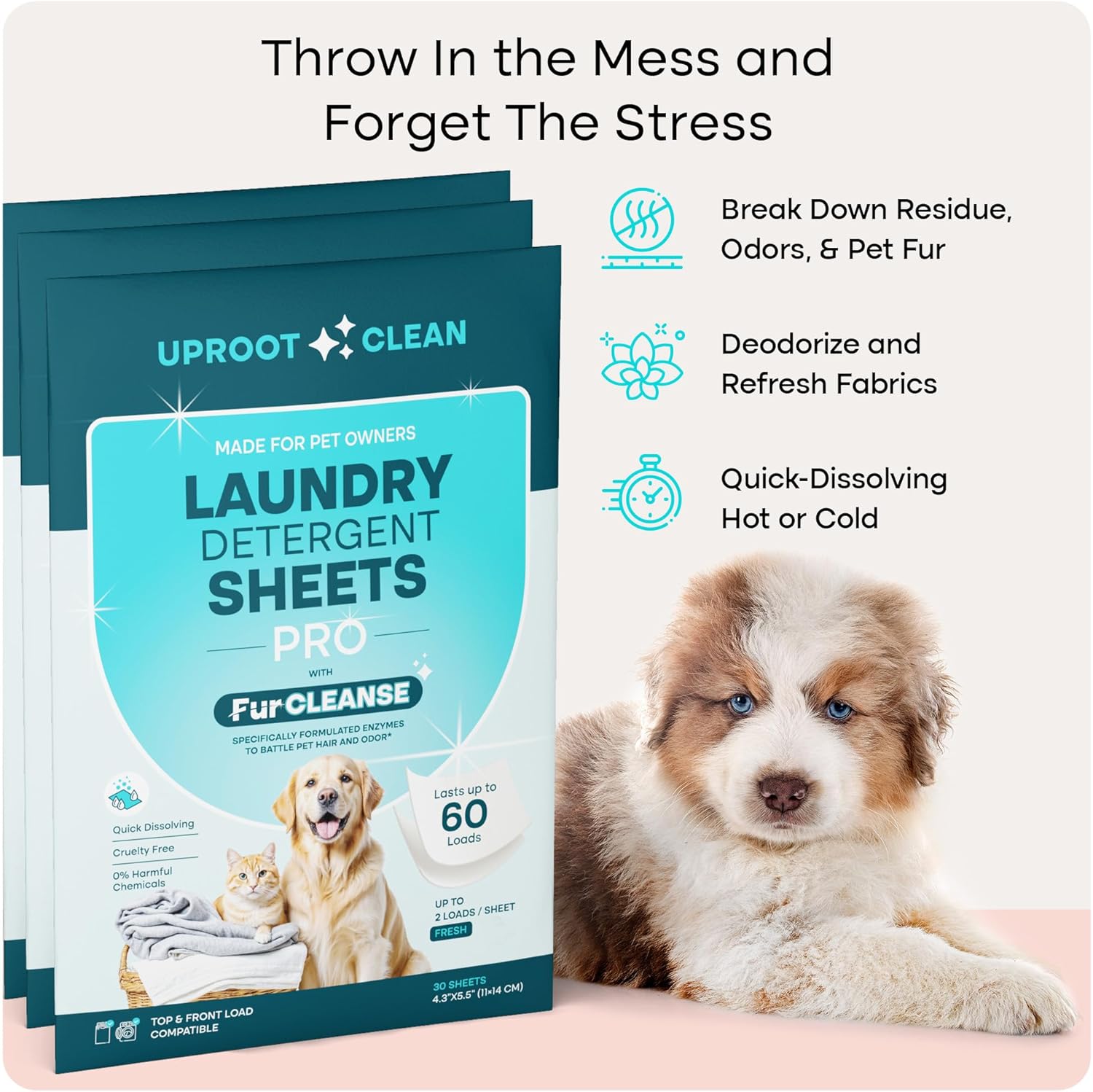 Uproot Clean Laundry Sheets Pro - 90 Pack - Fresh Scent: Mineral-Powered Laundry Detergent Sheets Made in USA - Eliminate Clinging Fur, Pet Odors, & Messy Residue - Up to 180 Loads