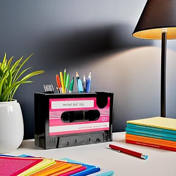 Cassette Tape Dispenser with Pen Holder Desk Tidy Container Office Supplies Organizer Stationery Storage, Great Gift for Girl Boy Pink