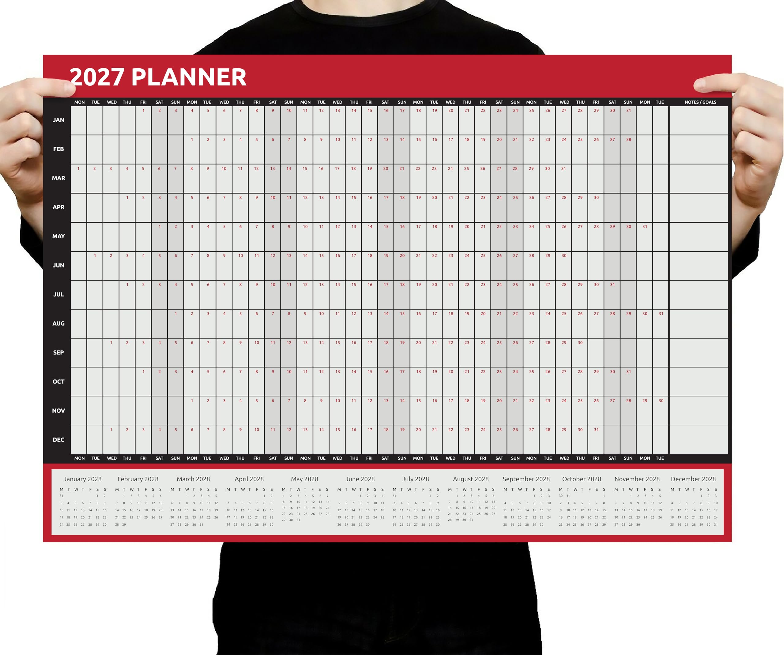 2027 Wall Planner A2 - Full Year to View 59cm x 42cm Family Yearly Wall Chart - UK Calendar for Home Office School Teacher (Red)