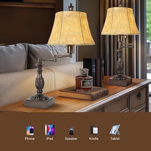 Miniatura 3 de Juego de 2 lámparas de mesa rústicas tradicionales de 350 con brazo oscilante ajustable de 350 con puertos USB A+C, pantalla de piel sintética con
