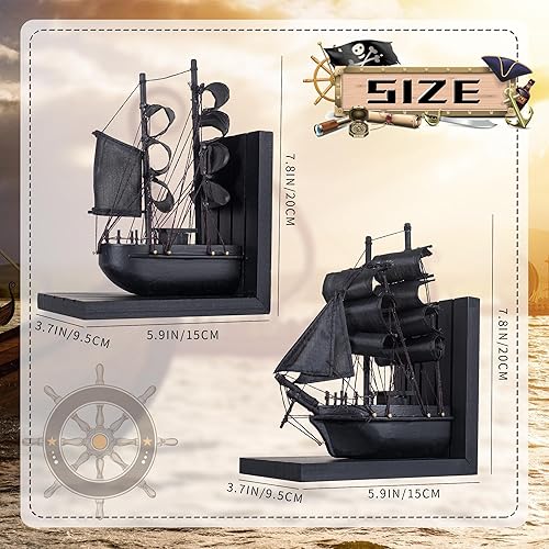 Miniatura 2 de Sujetalibros de barco de madera The Black Pearl Pirate de 10 pulgadas preconstruido Caribbean Coastal Sailboat Decoración Regalo náutico para