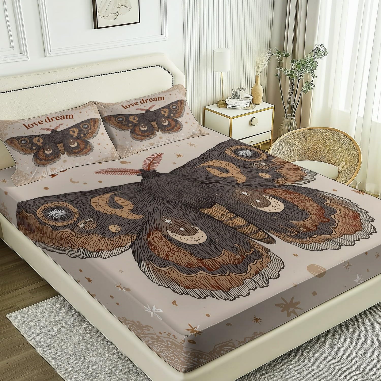 Drap-Housse Bohème Rétro Papillon Étoiles pour lit Double, Brun Motif Microfibre Doux avec Bord élastique, 150 x 200 cm Parfait pour Chambre d'enfant - Draps Housses Bonnet 30cm