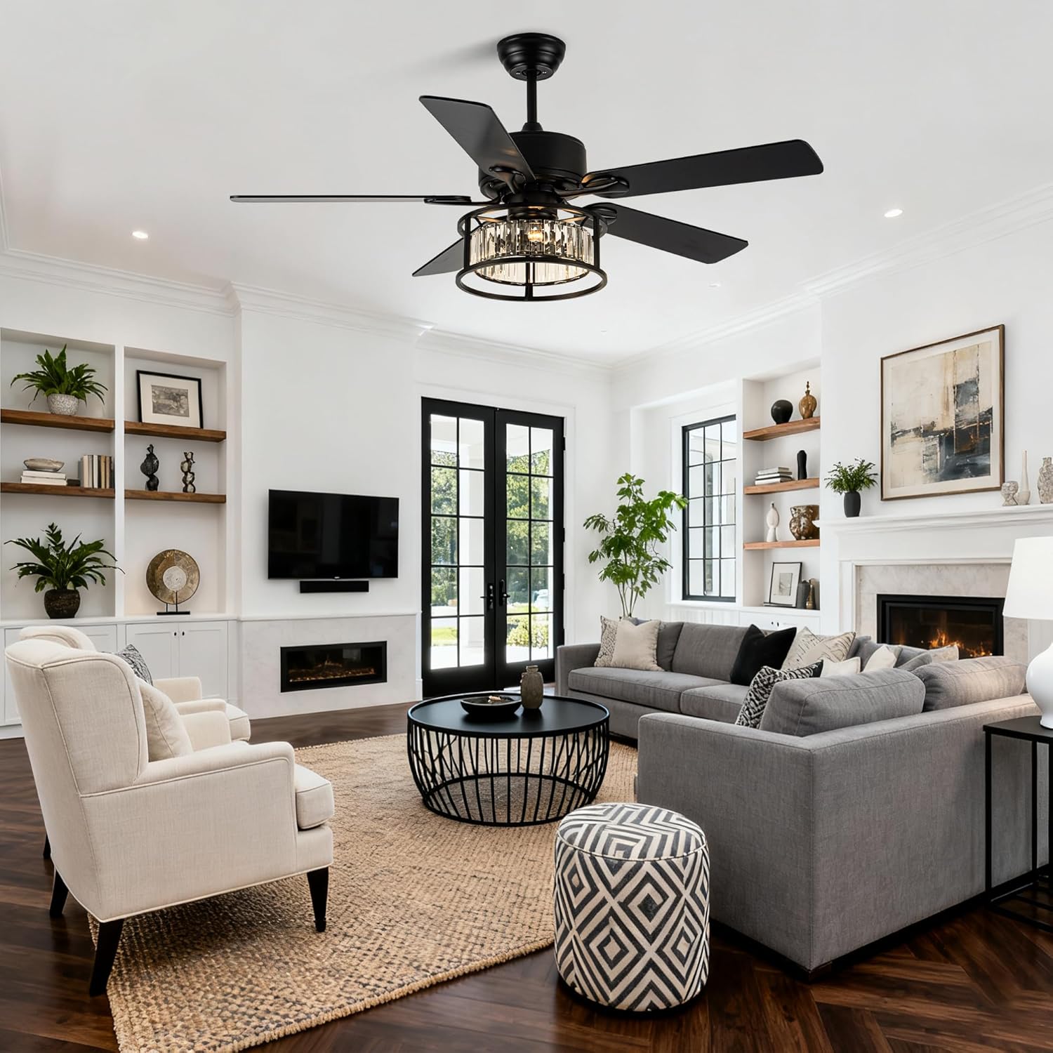 52 Inch Chandelier Ceiling Fans with Lights and Remote Quiet and Reversible DC Motor Black Caged Modern Ceiling Fan for Bedroom Living Room