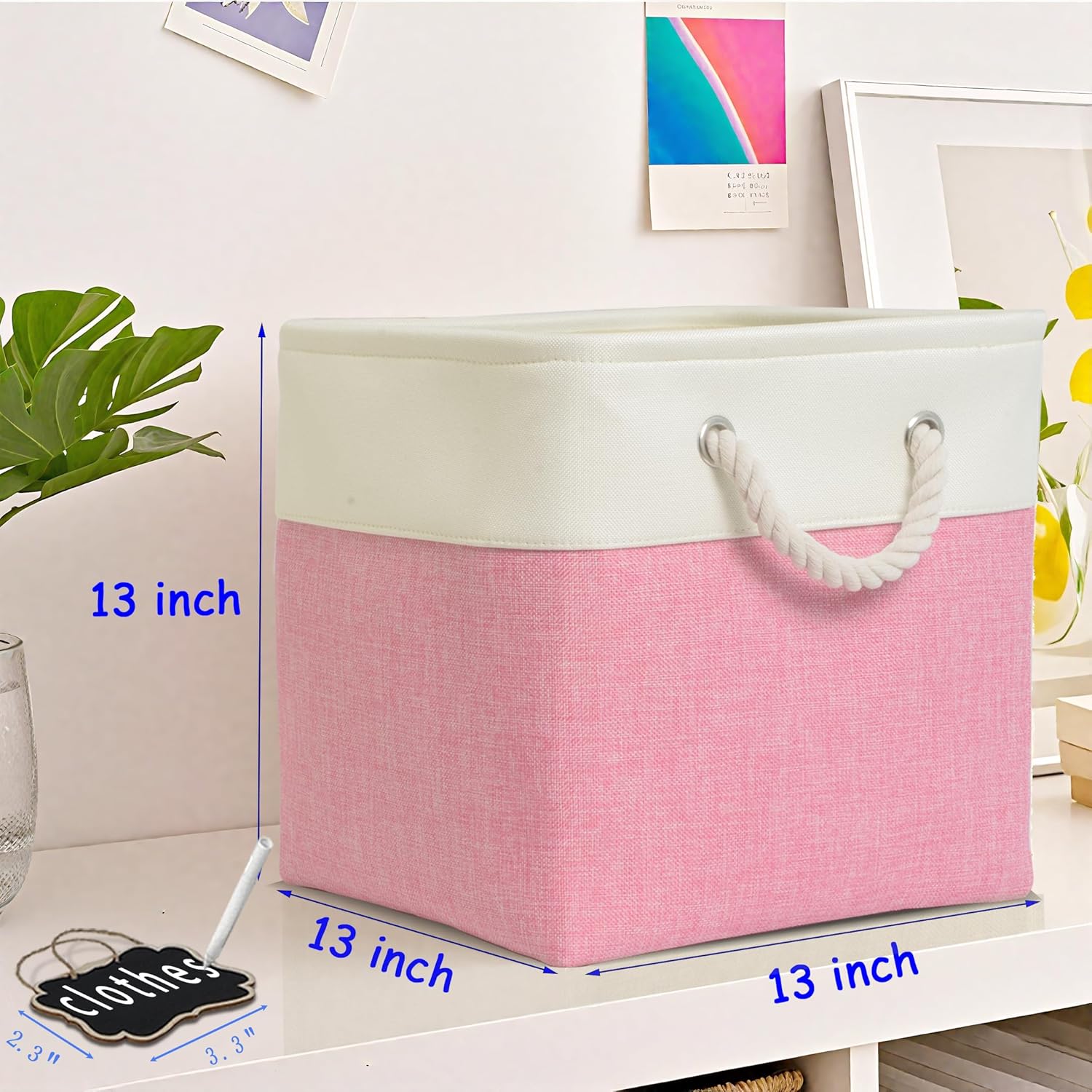 13 Inch Cube Storage Bins[6 Pack],Fabric Storage Cubes with Rope Handles, Eco-Friendly Linen Collapsible Organizers for Closet, Nursery, Toys, Office, Bathroom – Dual Color Design.(White&Pink)