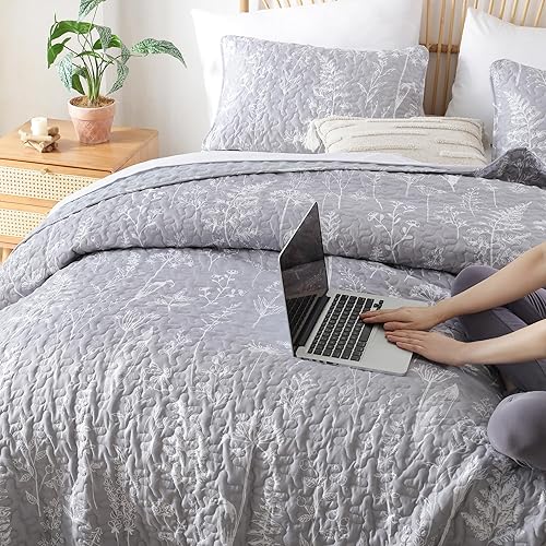 Miniatura 8 de JANZAA Juego de edredón de 3 piezas, tamaño Queen, diseño botánico de microfibra ligera, reversible, 1 edredón tamaño Queen y 2 fundas de almohada,