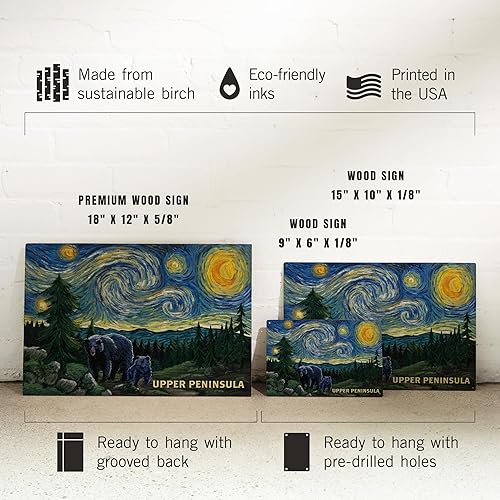 Miniatura 6 de Lantern Press Letrero de madera prémium de 12 x 18 pulgadas, listo para colgar, decoración de pared, península superior, Michigan, noche estrellada,