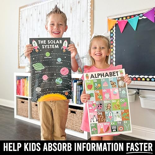 Miniatura 5 de Hadley Designs 4 carteles del alfabeto, mapa de Estados Unidos, mapa del mundo y sistema solar, gráficos ABC laminados para decoración de pared de