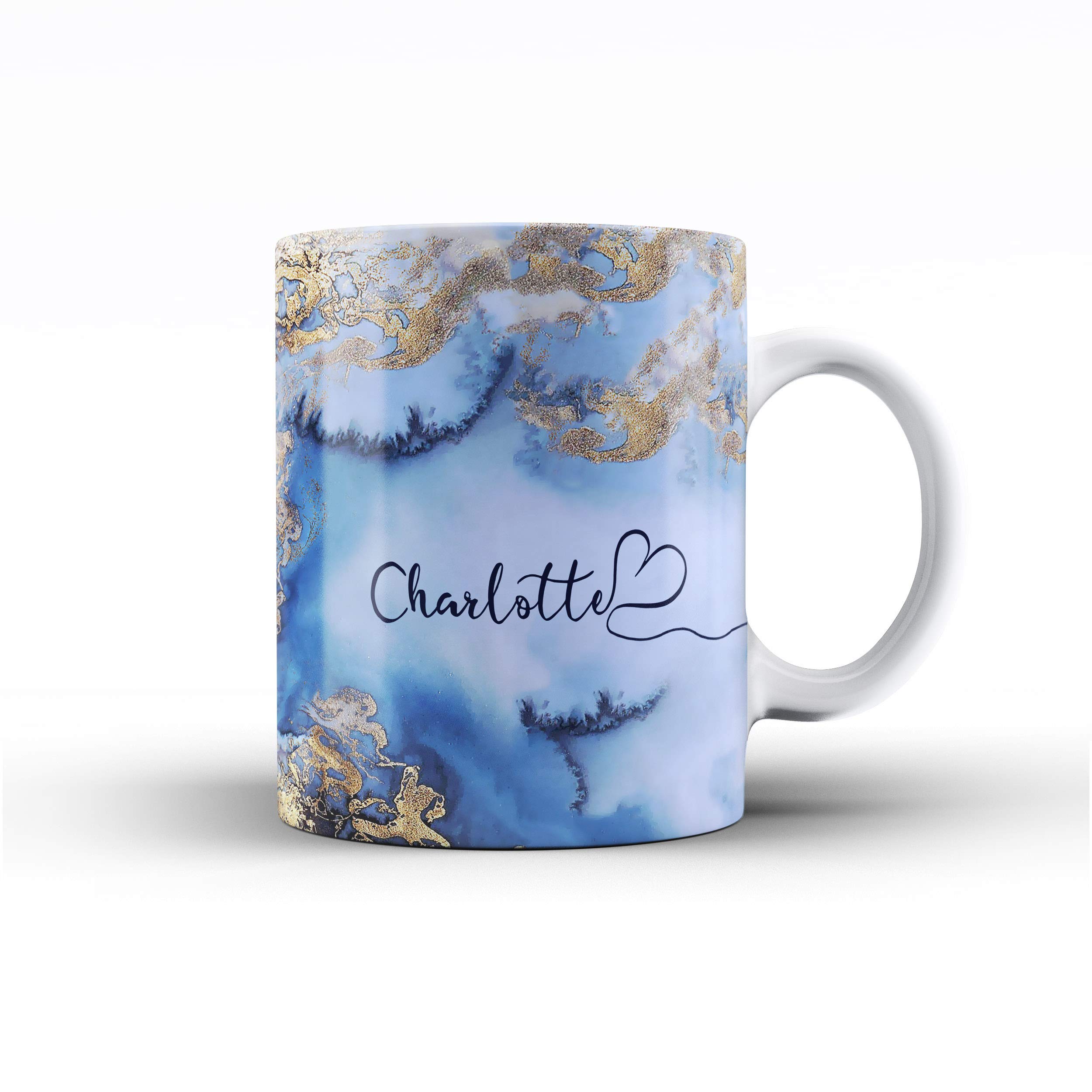 iCaseDesigner Personalised Marble Glitter Flowing Name with Heart Ceramic Mug - 5. Blue and Gold Marble Swirl Name