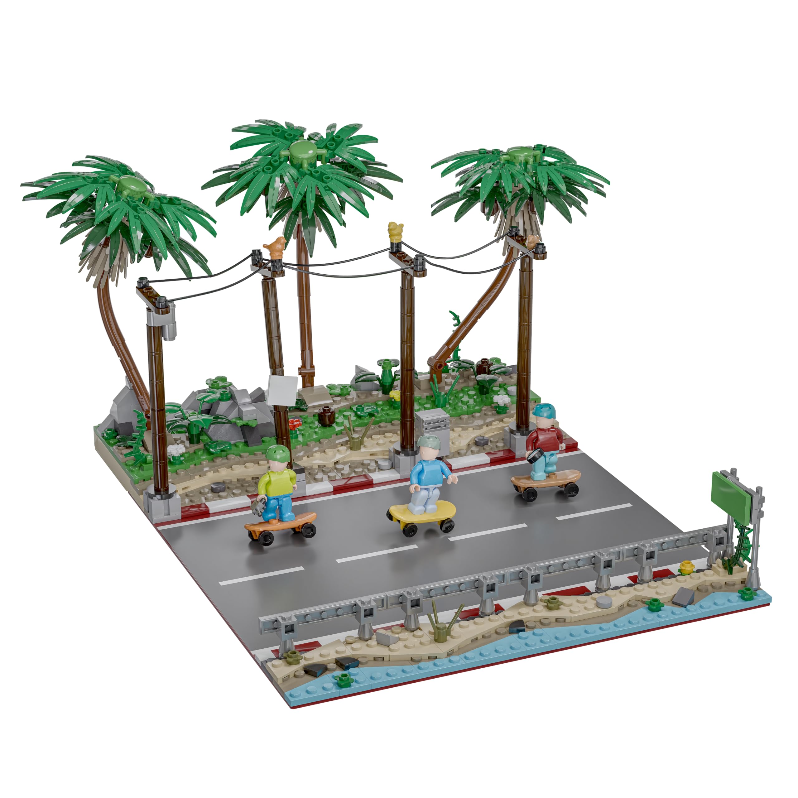 BlueBrixx Die DREI ??? Kids Der Lösung auf der Spur, 572 Klemmbausteine | Drei Minifiguren mit Skateboards, bedruckte Teile, Palmen und Felsen, Mastanlage, 374 x 347 x 174 mm, 108750