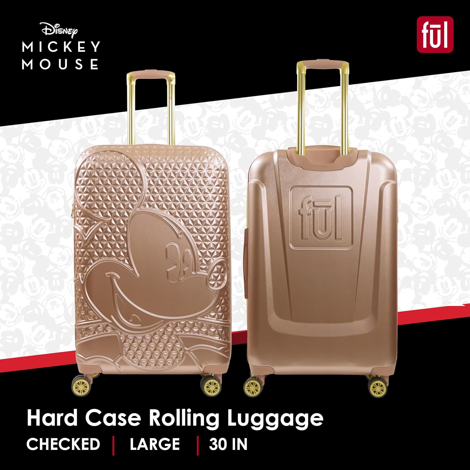 FUL Disney Mickey Mouse 30 Inch Rolling Luggage, Hardshell Suitcase with Spinner Wheels, Rose Gold