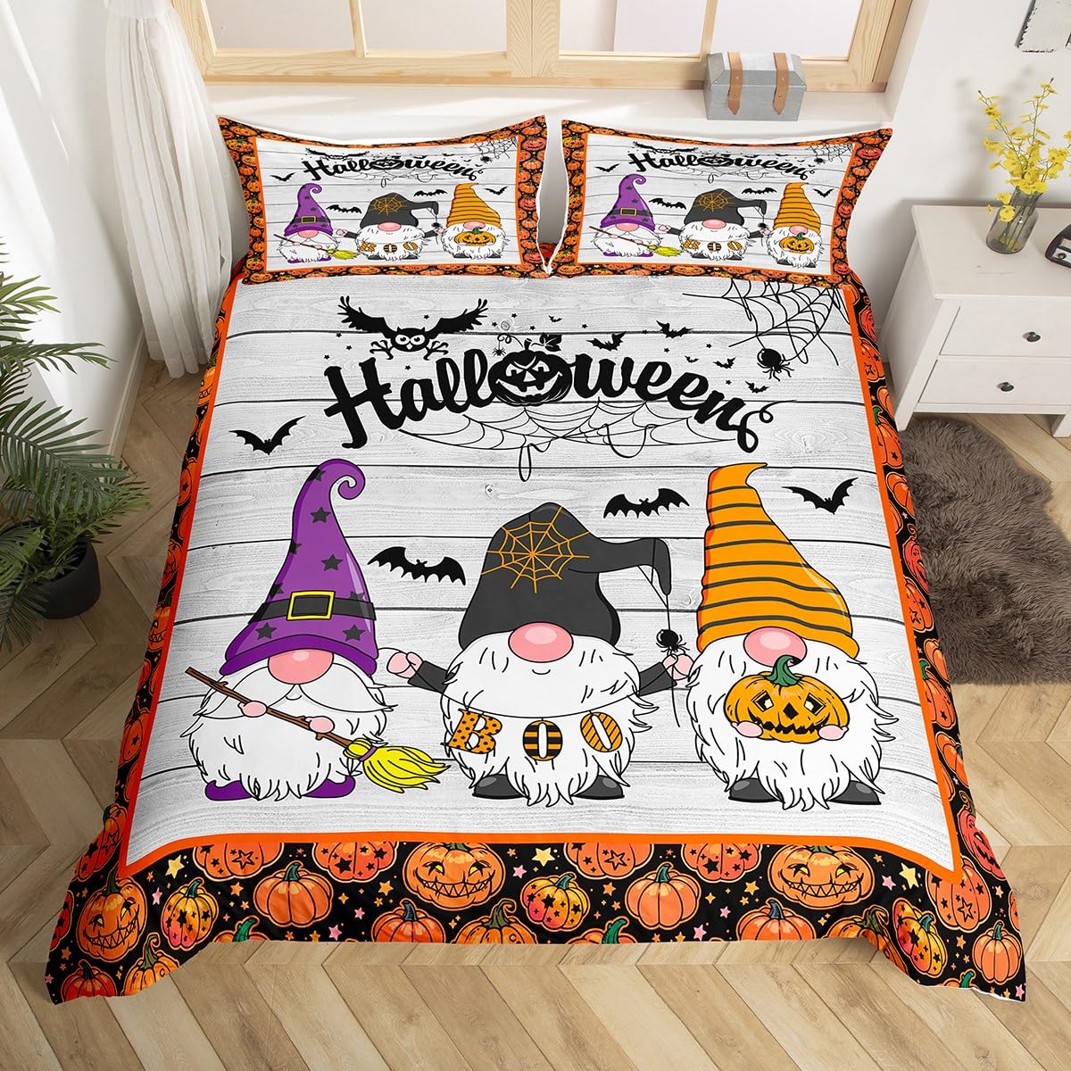 Halloween Gnomes Duvet Cover Set Double Size, Black Spider Web Bats Comforter Cover with 2 Pillowcases