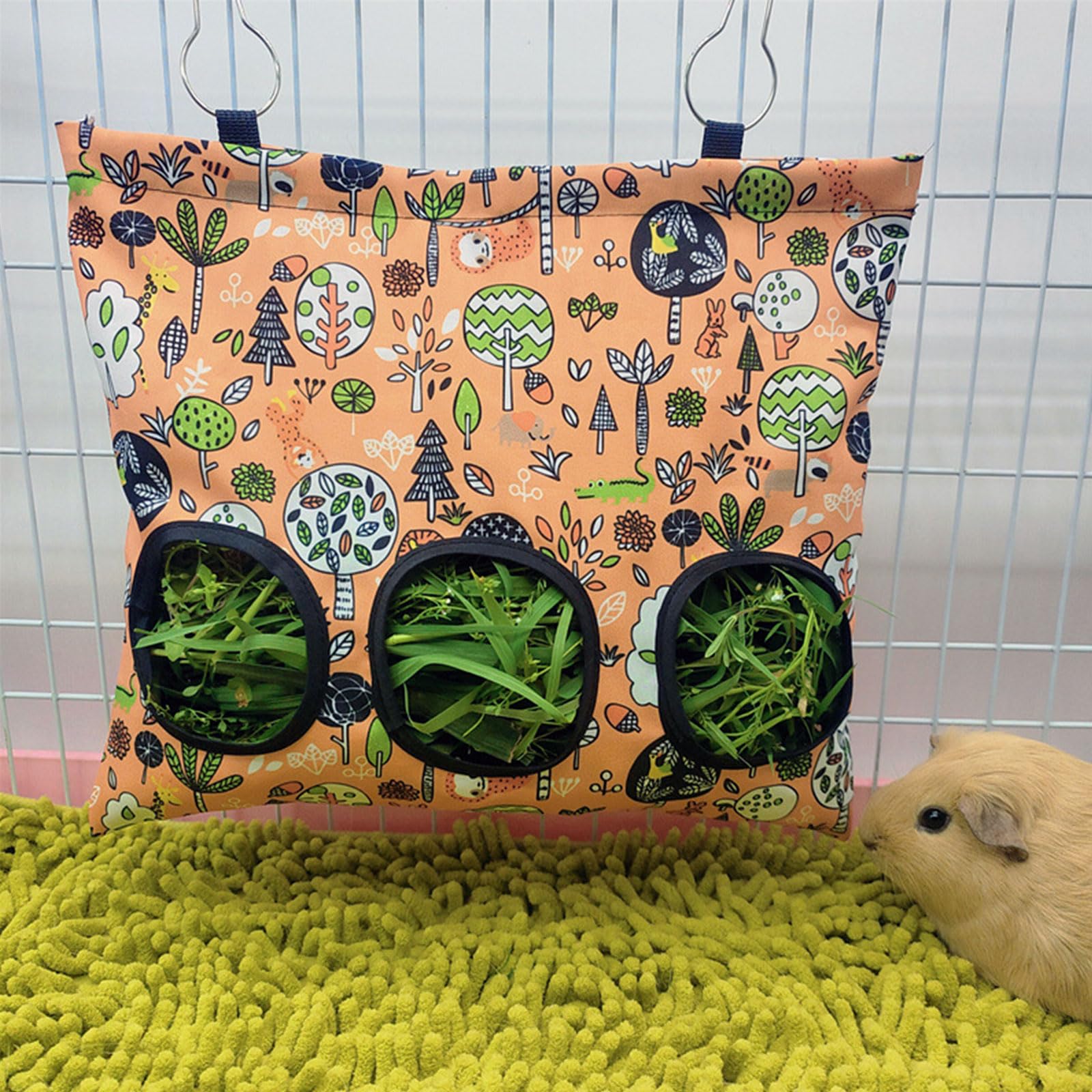 Rabbit Hay Feeder Bag, Guinea Pig Hay Feeder for Cage Small Animal Hanging Feeding Bags Rabbit Hay Dispenser Storage for Rabbits Guinea Pigs Bunnies Chinchillas (Orange,Light Blue, 3 Hole) - image 5