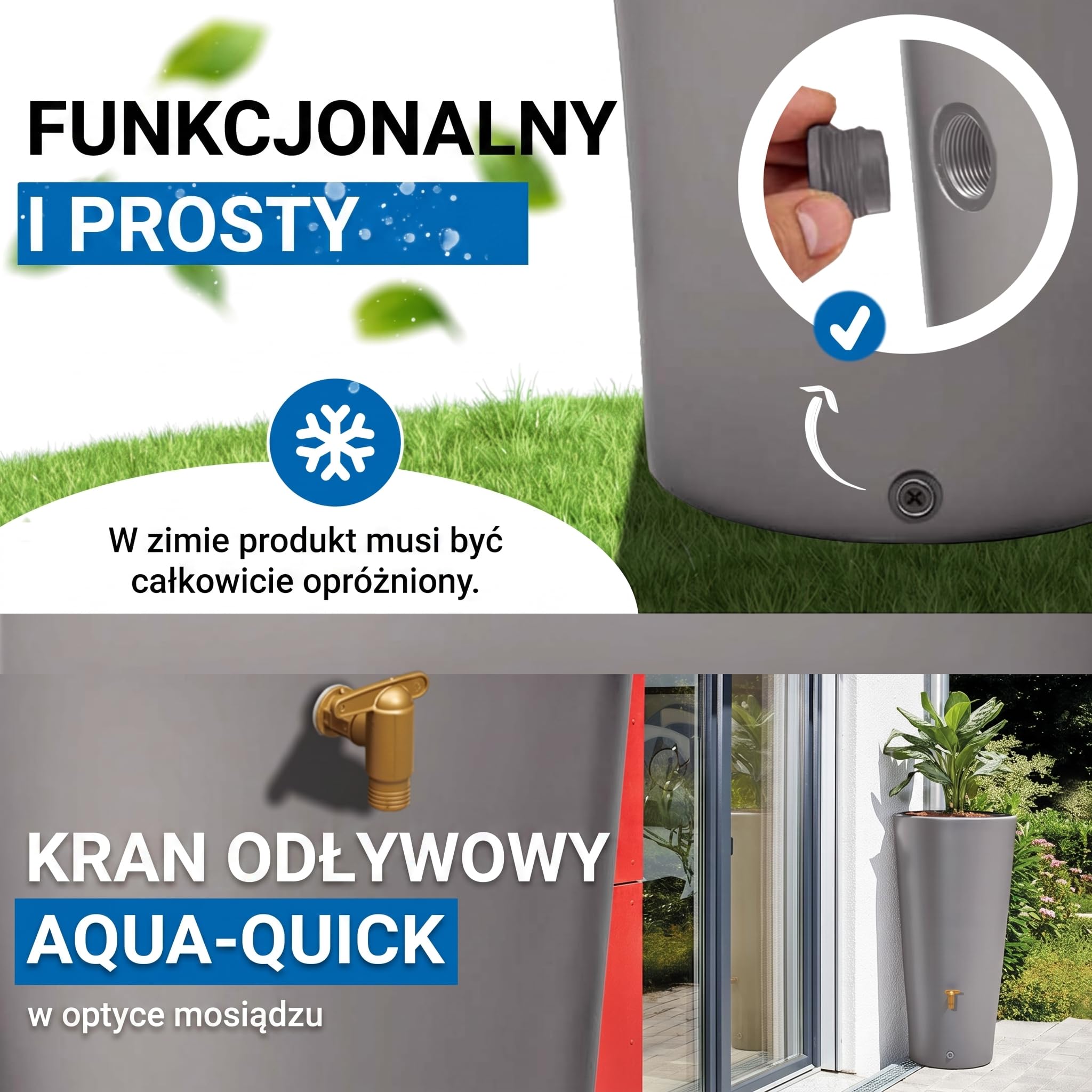 4rain VASO 2w1 zbiornik na deszczówkę 220 l, szary cynkowy, z kranem | spustowym z tworzywa sztucznego i przyłączem do rury spustowej