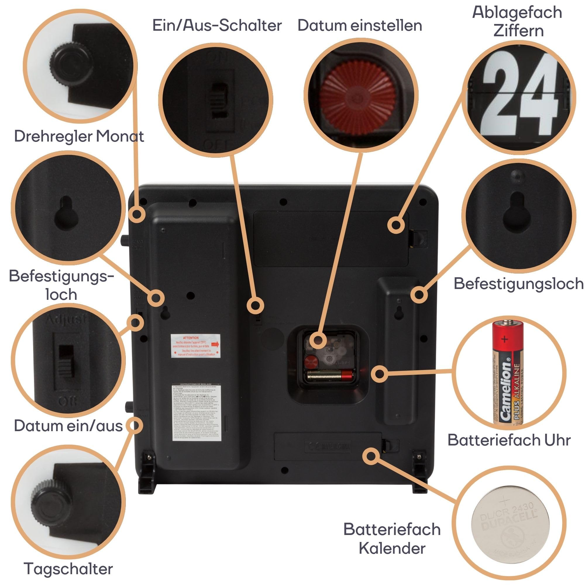 Perel Quadratische Uhr mit Flip-Over-Kalender, ideal für Sehbehinderte und Personen mit Alzheimer oder Demenz, analog, 31 x 31 cm, weiß/schwarz, niederländische Version