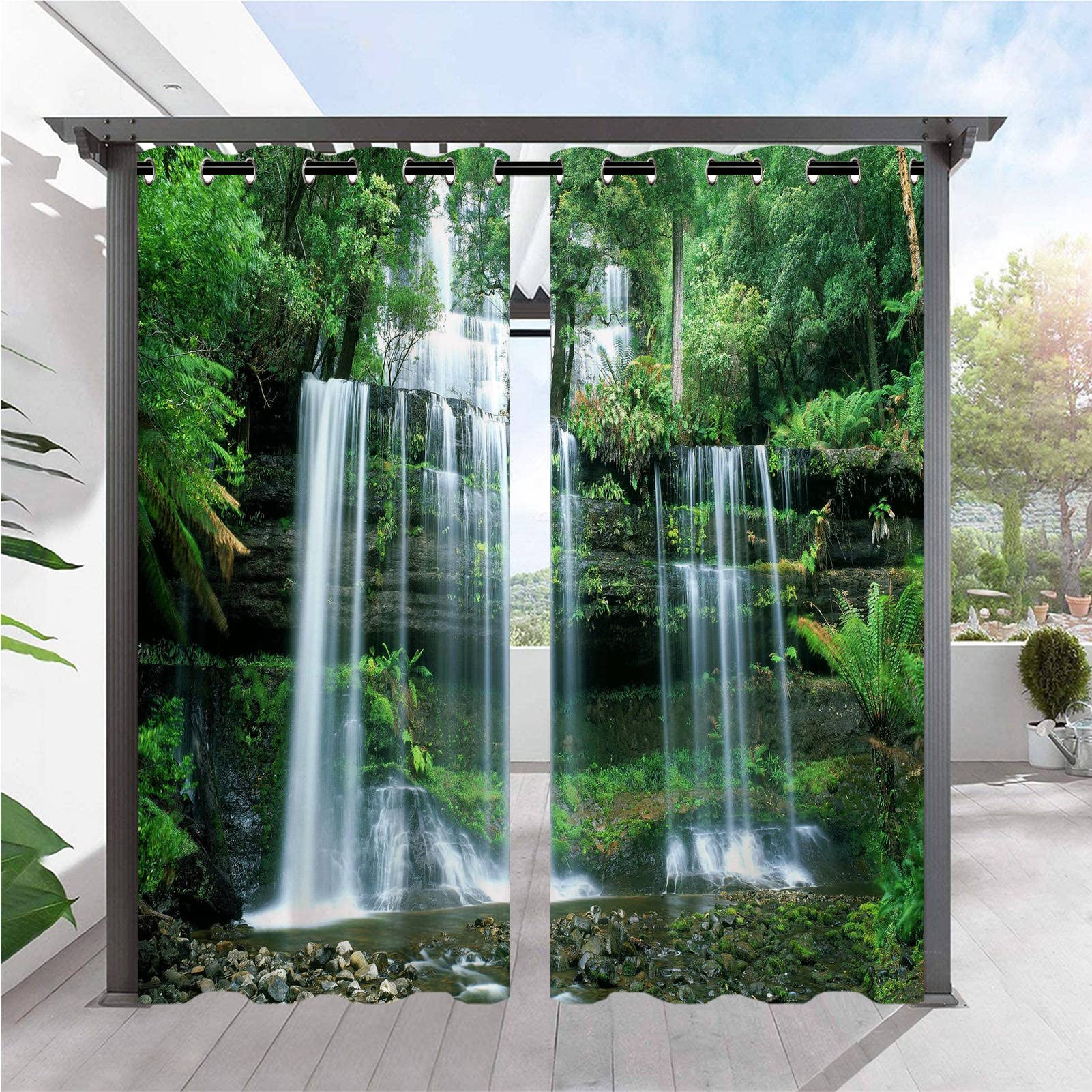 ANHOPE Outdoor Curtains Waterproof Eyelet Ring Top Drapes Nature Landscape Forest Waterfall Print Pattern Privacy Outside Curtains for Garden Patio Gazebo Pergola Porch Pool 2 Panels 52 x 84 Inch โ image 1