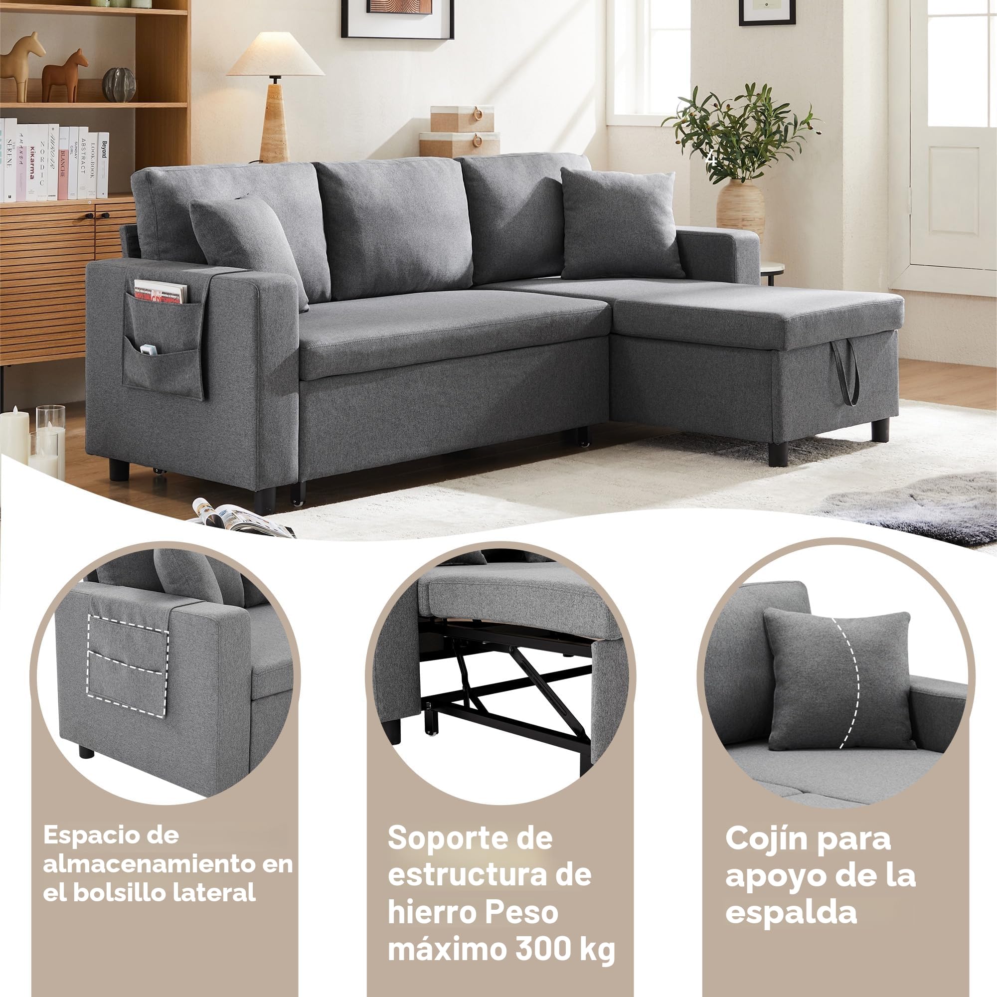 Lubvtti Sofá cama de 3 plazas, sofá de esquina en L con espacio de almacenamiento, sofá de 3 plazas con bolsillo para vasos y cojín, Lino, gris oscuro