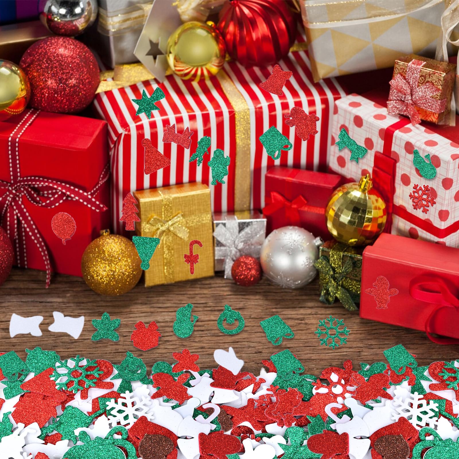 300 Stück Weihnachts-Glitzer-Schaumstoff-Aufkleber, verschiedene Weihnachtsmann, Schneeflocke, Baum, Glocke, Geschenk und Weihnachtsform, Schaumstoff-Aufkleber, selbstklebend, für Kinder, Basteln,