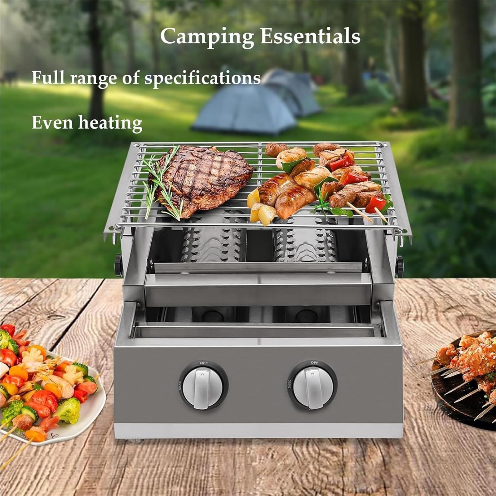 Dwupalnikowy grill gazowy Deluxe ze składanymi stolikami bocznymi, przenośny grill gazowy LPG, elektroniczny zapłon, regulacja wysokości, zewnętrzna kuchenka stołowa do grillowania
