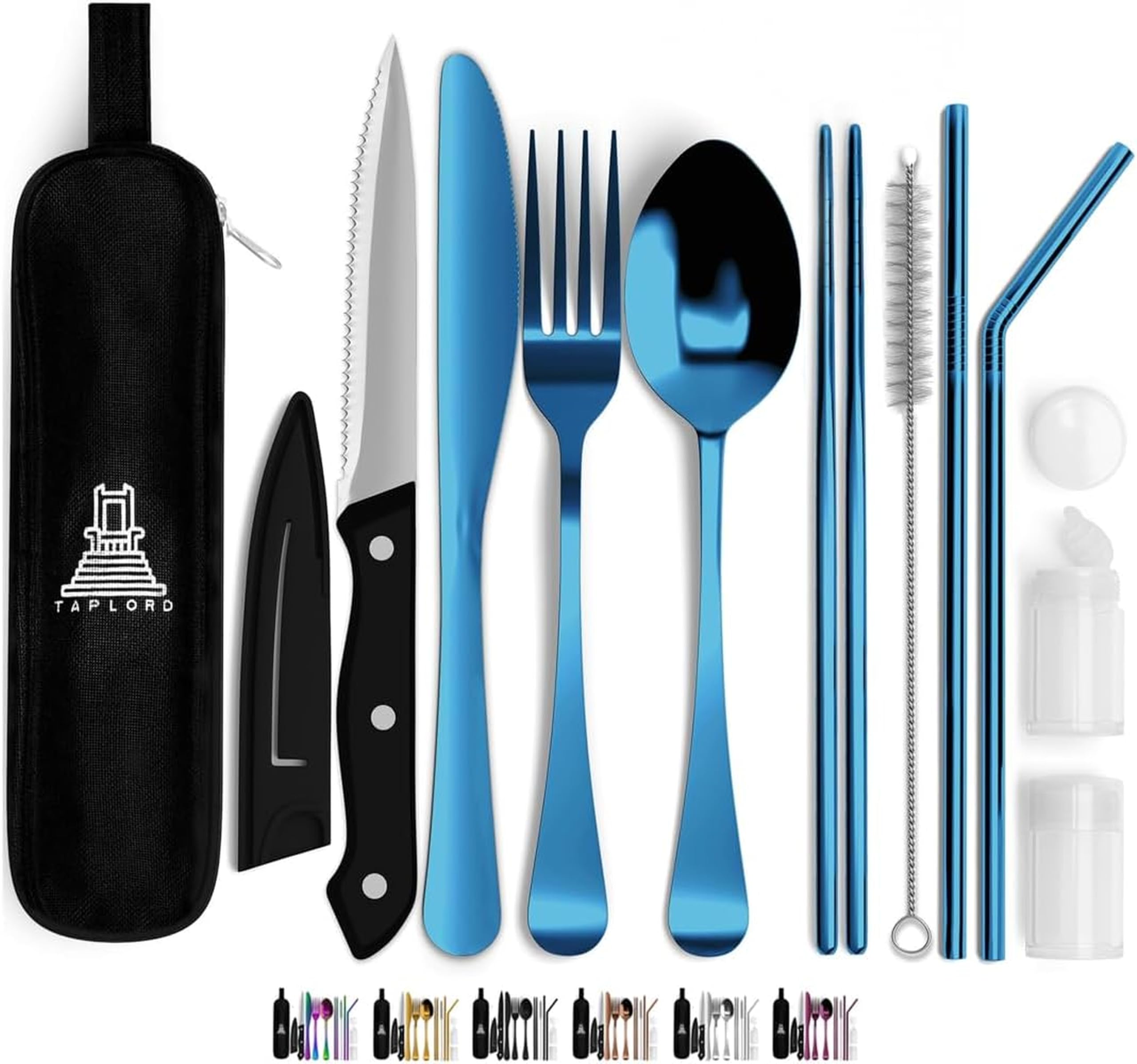 Taplord Juego de cubiertos de viaje portátil con funda, incluye 10 utensilios de viaje con funda, juego de cubiertos de acero inoxidable para camping, fácil de viajar, ligero (azul)