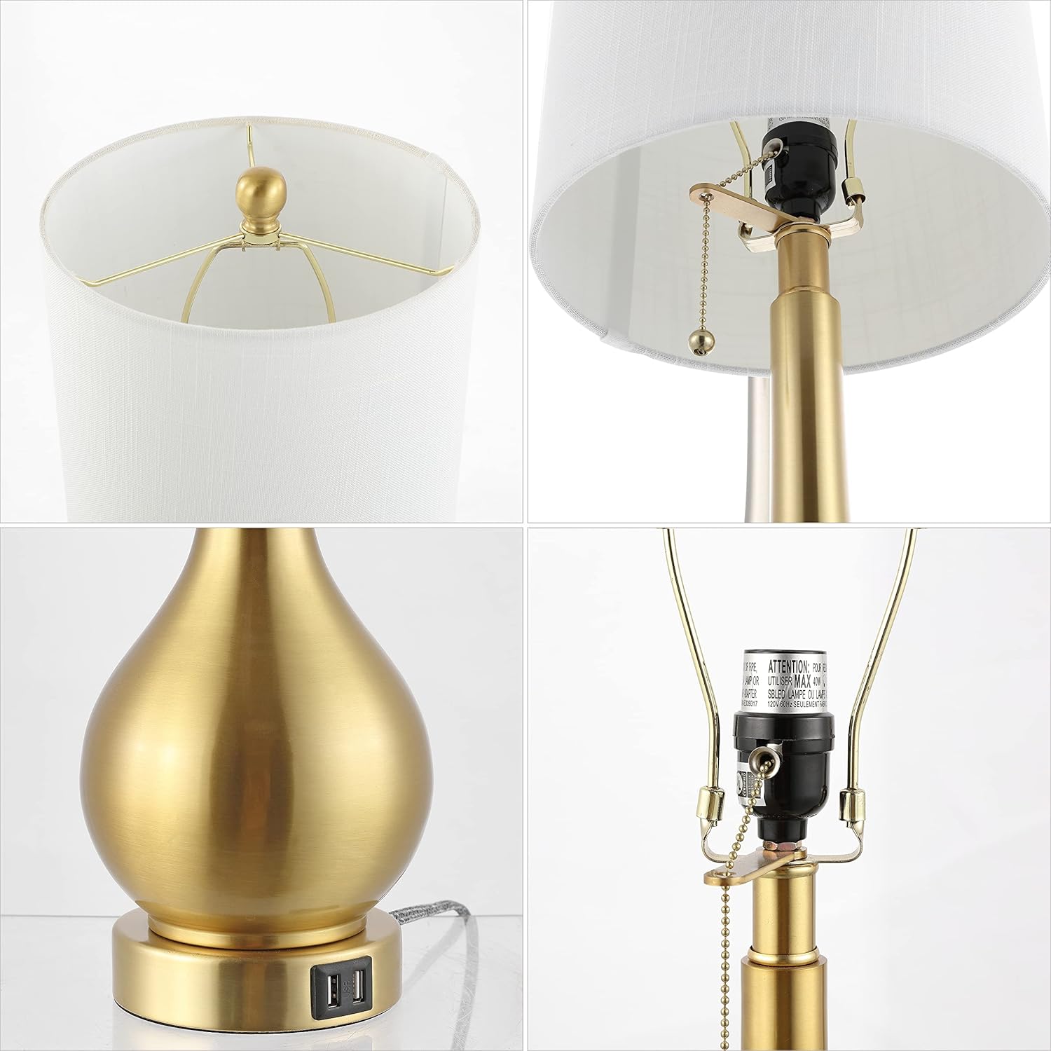 JONATHAN Y 24" Brass Gold Modern Gourd Table Lamp Set of 2, Tyler LED Bedside Lamps with Dual USB Ports, Pull Chain, White Linen Shade for Living Room Bedroom (JYL1127C-SET2)