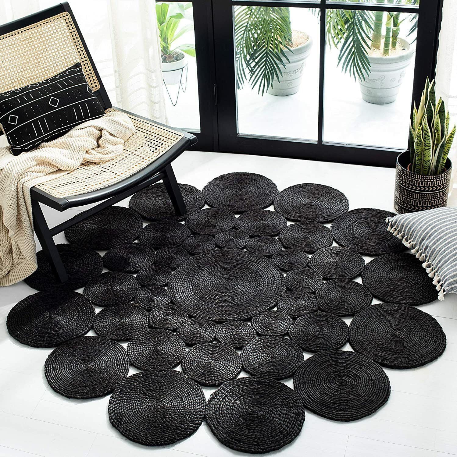 Handgefertigte Blumenform reine Jute Bodenfläche Teppich für Wohnzimmer Jute Runde Bodenmatte Teppiche für Wohnzimmer Jute Mitteltisch Teppich (180cm x 180cm)