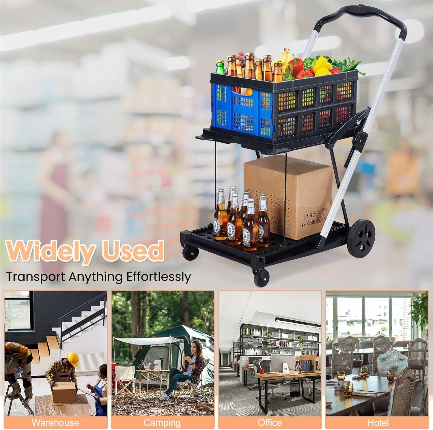 Folding Shopping Cart for Grocery Shopping, Foldable Double Tier Utility Trolley with Large Basket, Home Storage and Transport Solution, Heavy Duty Collapsible Rolling Carrier for Supermarket