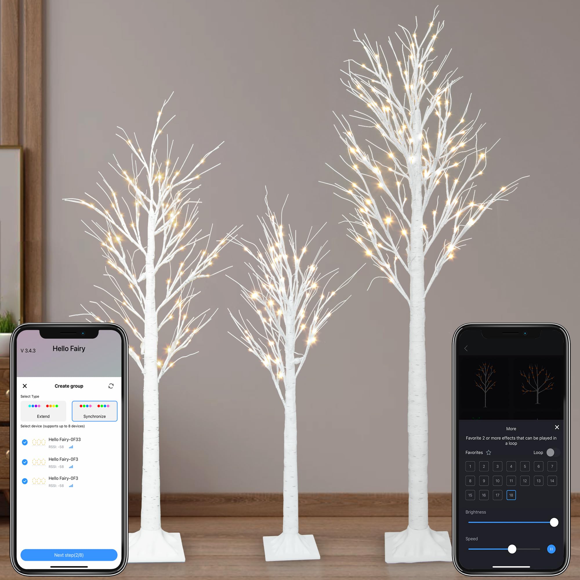 Smart Lighted Birch Trees 4FT 5FT 6FT, App Control, 18 Modes, Schedule, Dimmable, Warm White LED Lights, Waterproof Music Sync Star Light Tree Set for