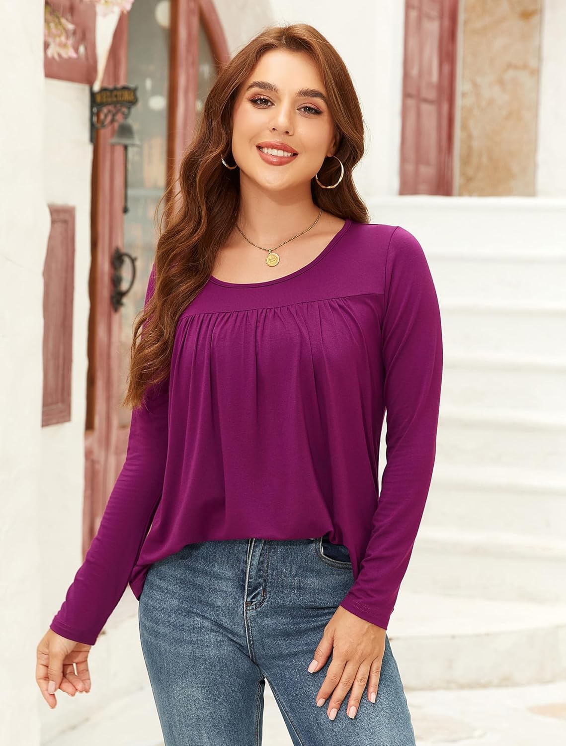 AUHEGN Long Sleeve Shirts for Women Pleated Tunic Tops Casual Crew Neck Loose Fit Fall Tops Blouse Outfits for Legging - Image 4